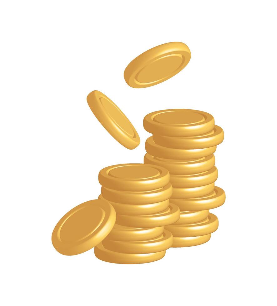 gold coins falling 3d realistic money vector cash icon with shadows isolated on white, accumulation bank concept