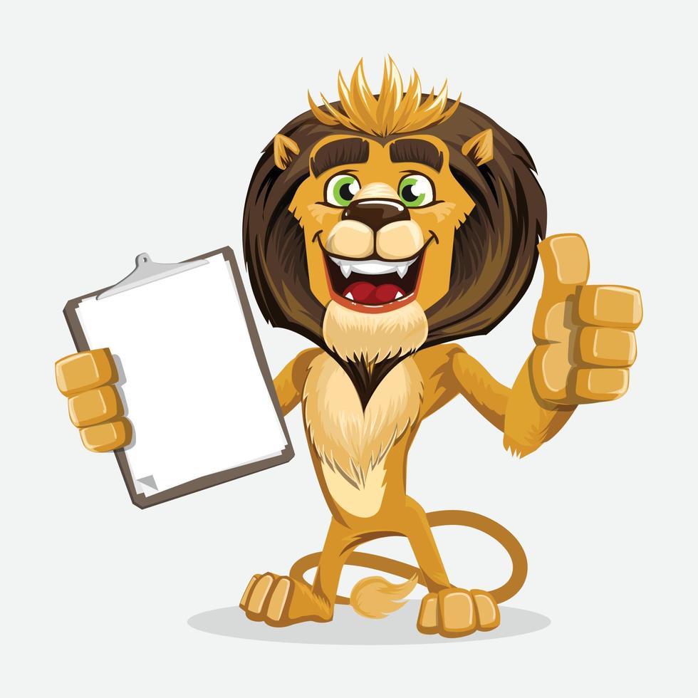 lindo león sosteniendo un portapapeles en blanco y mostrando los pulgares hacia arriba. ilustración vectorial vector