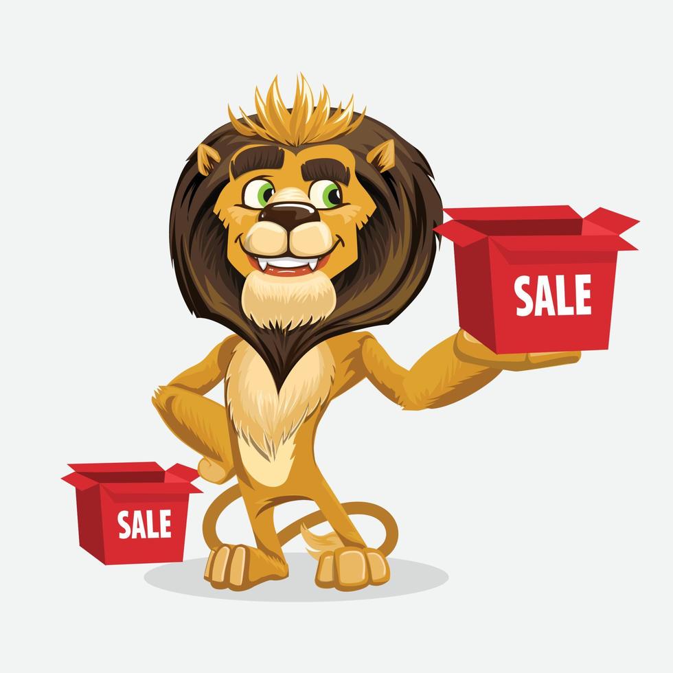 Cartoon lion with sale sign on white background. Vector illustration.