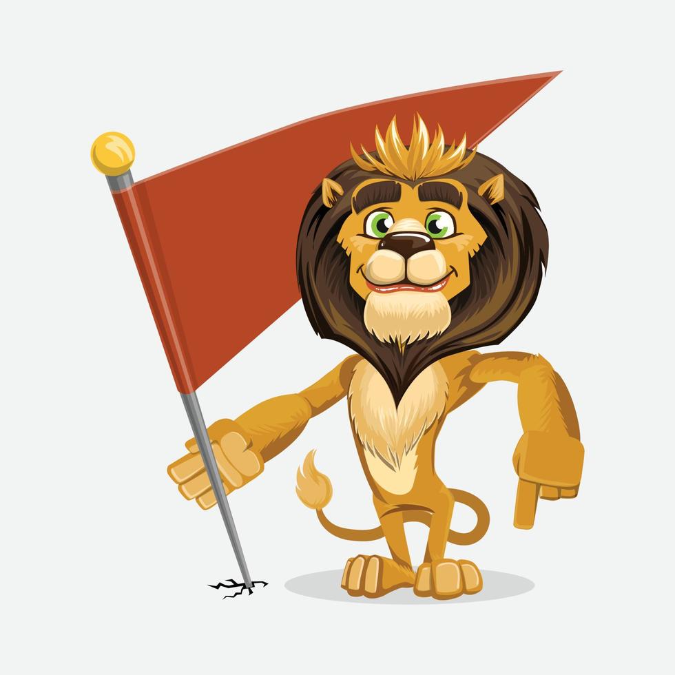 Lion holding a red flag in his hand. Vector illustration.