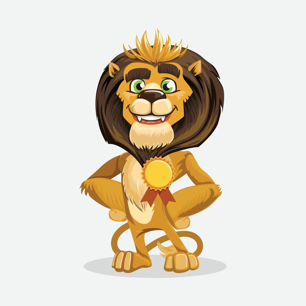 Cute lion cartoon mascot. Vector illustration of a lion with a medal.