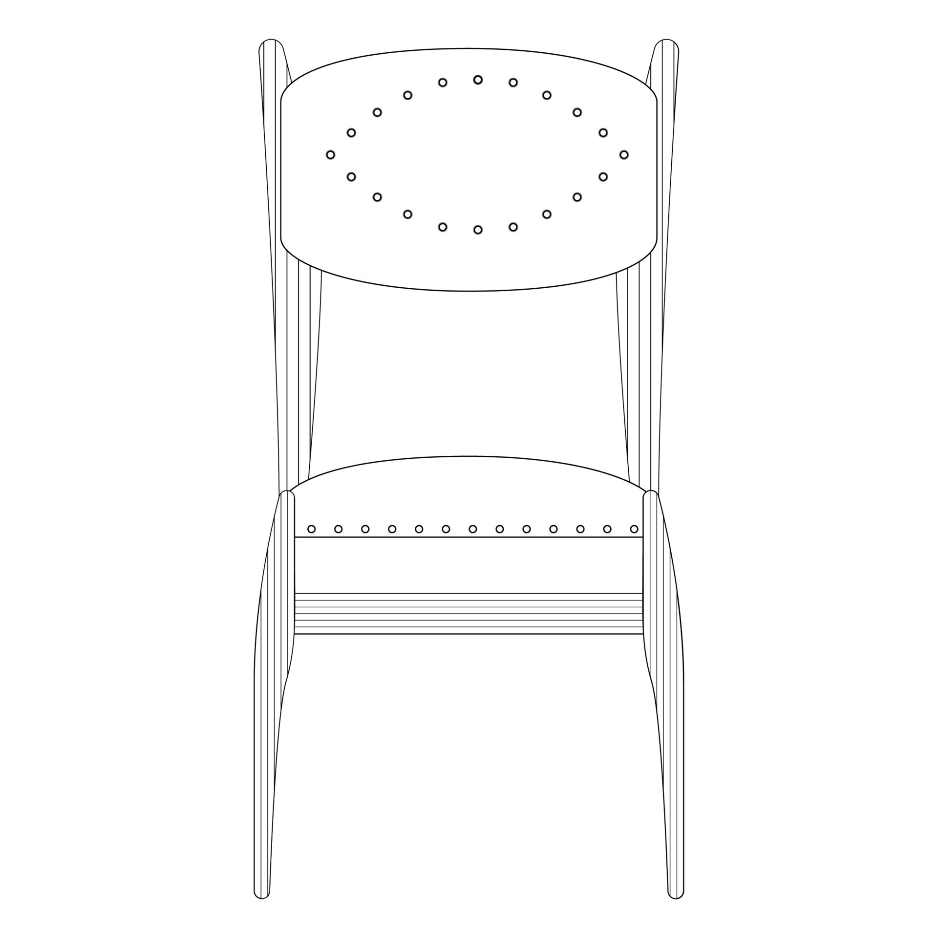 Dark wood chair front view in outline style. Turquoise seat. Home