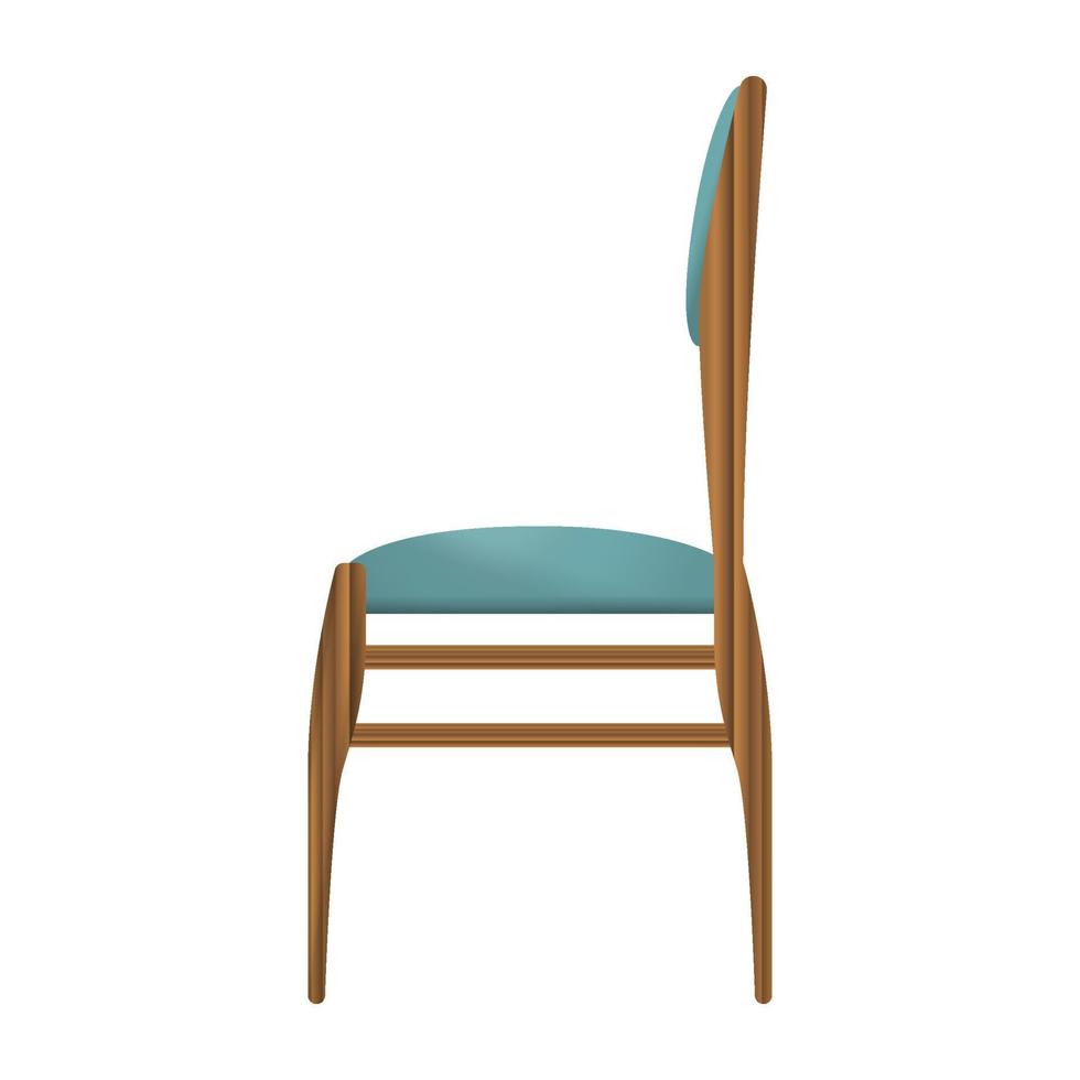 Dark wood chair side view in realistic style. Turquoise seat. Home wooden furniture design. Colorful vector illustration on a white background.