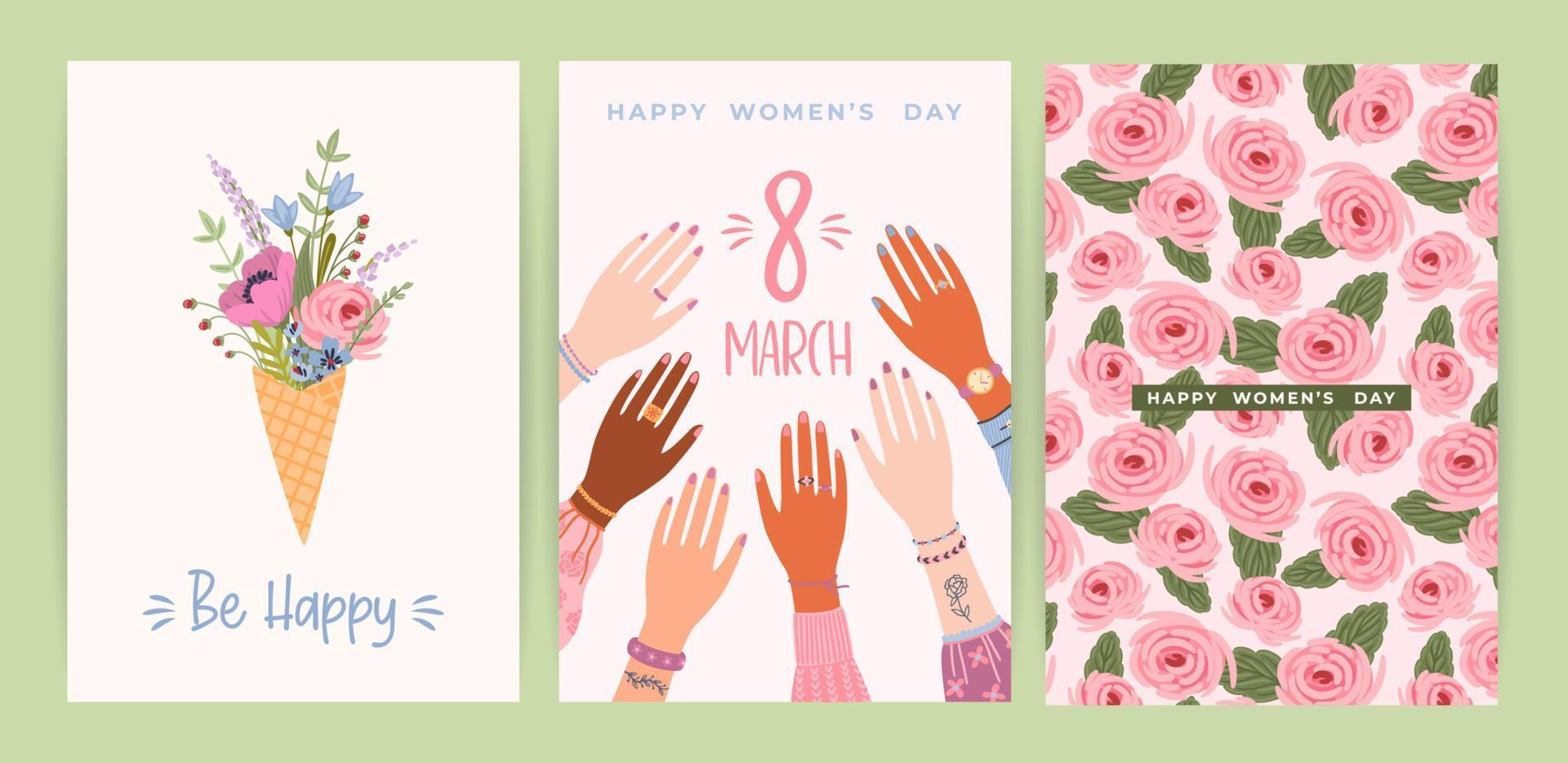 Cards with cute female illustrations. Vector set for Happy Womens Day, 8 march and other use.