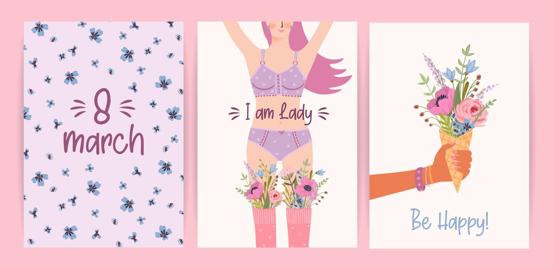 Cards with cute female illustrations. Vector set for Happy Womens Day, 8 march and other use.