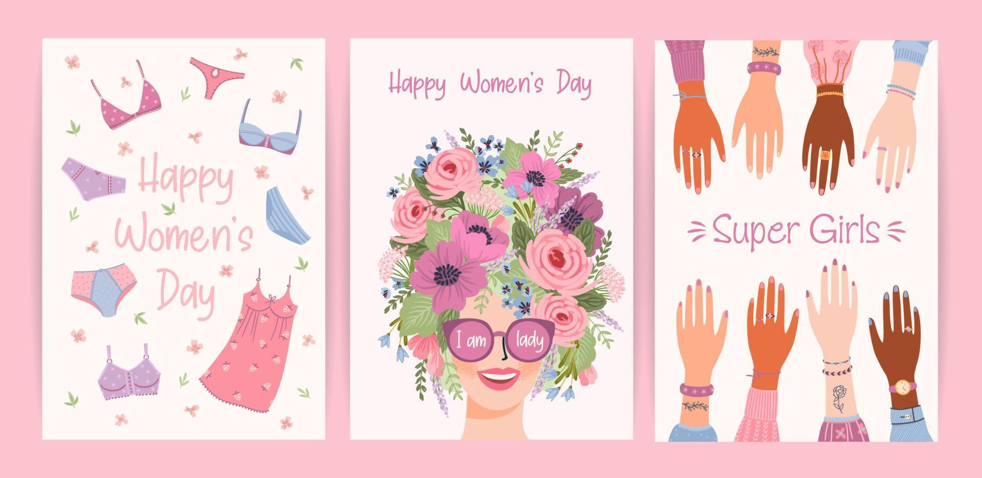 Cards with cute female illustrations. Vector set for Happy Womens Day, 8 march and other use.