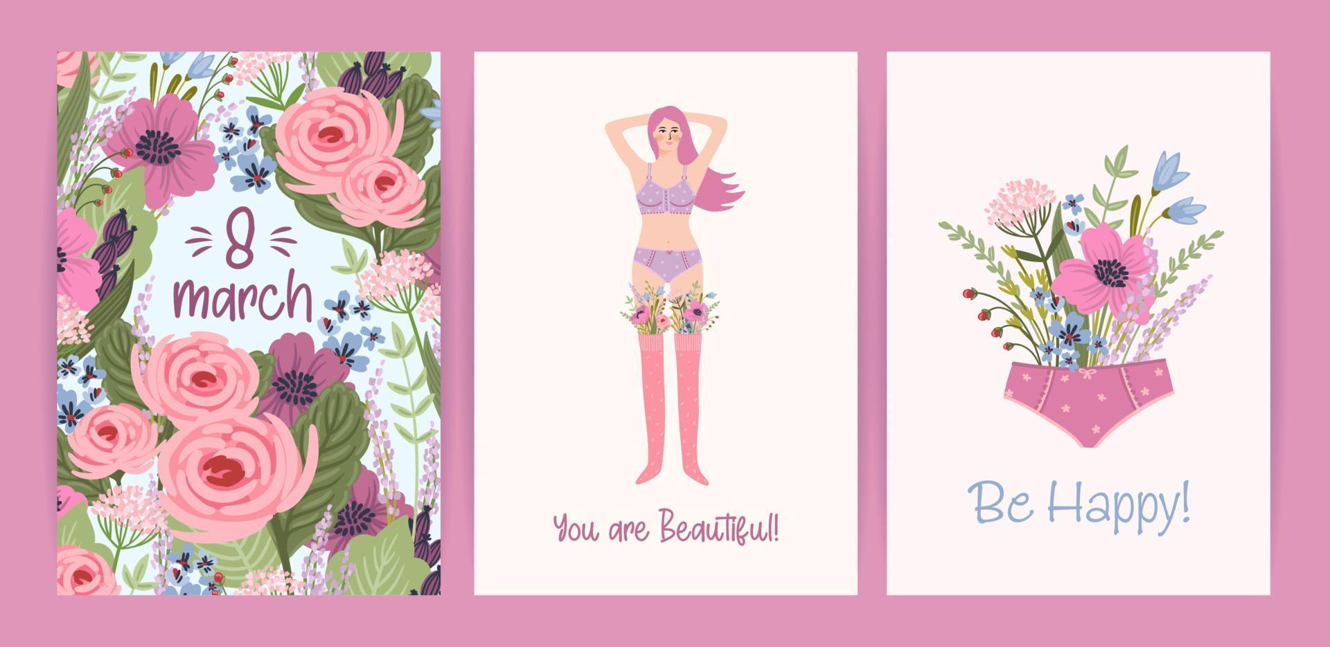 tarjetas con lindas ilustraciones femeninas. conjunto de vectores para feliz día de la mujer, 8 de marzo y otros usos.