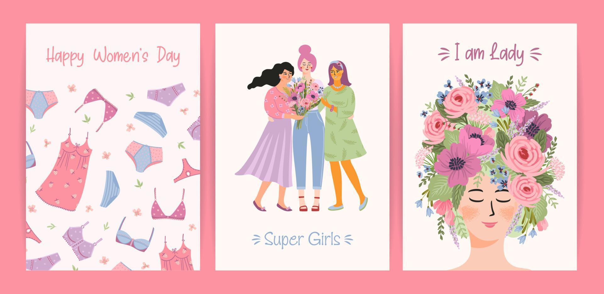 tarjetas con lindas ilustraciones femeninas. conjunto de vectores para feliz día de la mujer, 8 de marzo y otros usos.