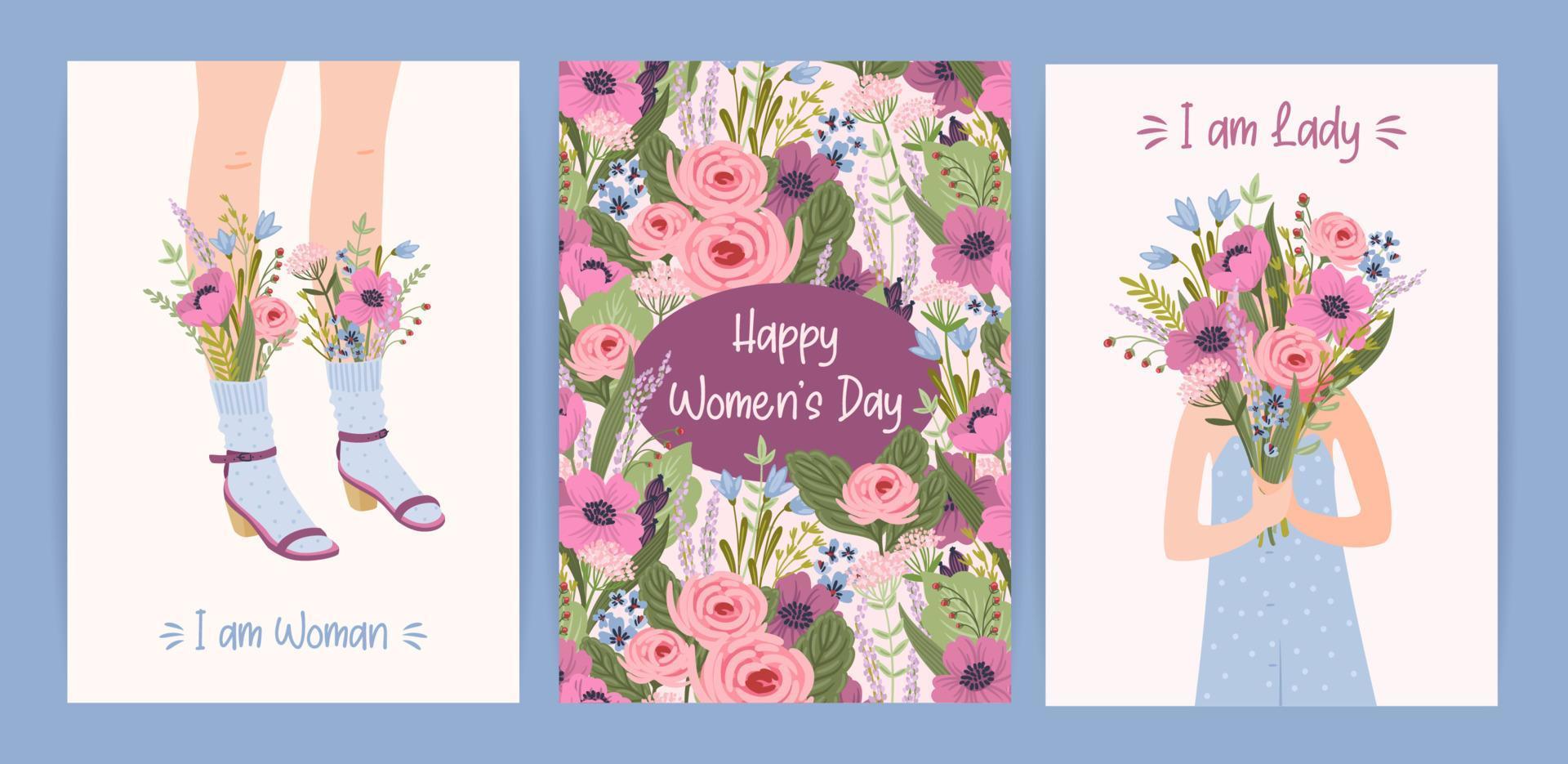 Cards with cute female illustrations. Vector set for Happy Womens Day, 8 march and other use.