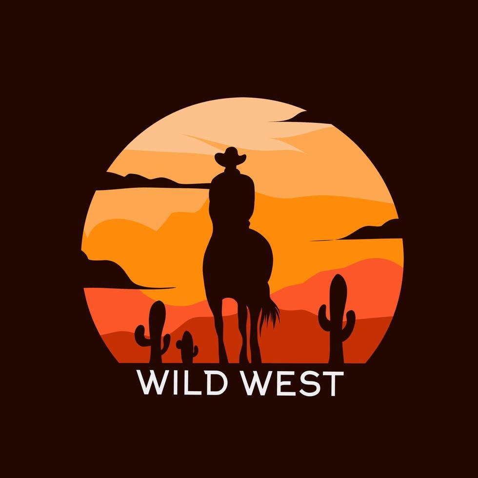 vector de ilustración del salvaje oeste, silueta de caballo de paseo de vaquero, paisaje de puesta de sol, perfecto para imprimir, pancarta, afiche