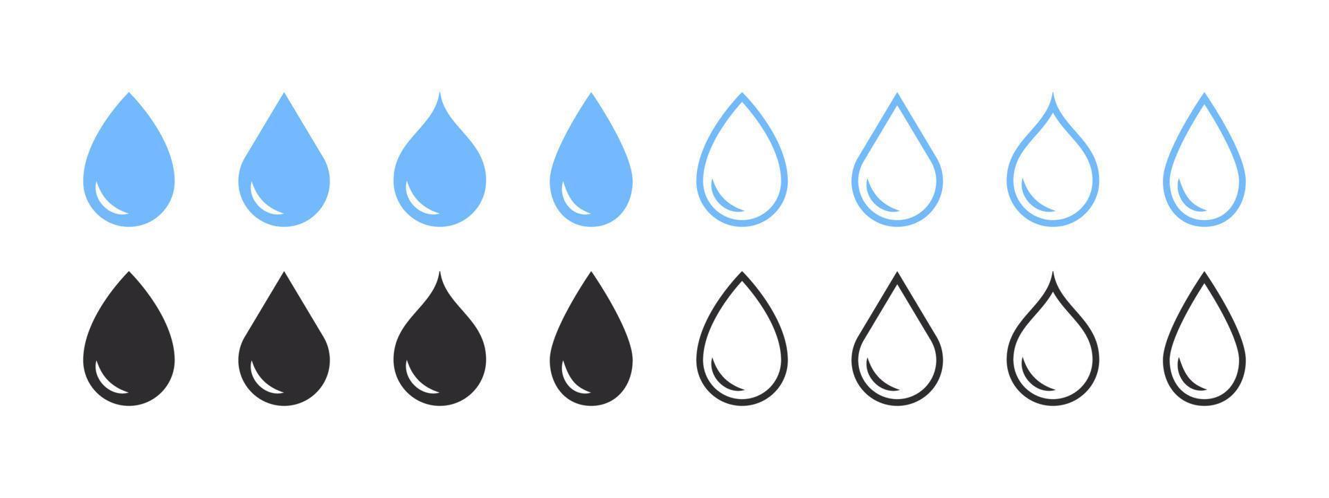 Water drops icons. Water drop shape. Blue annd black water drops