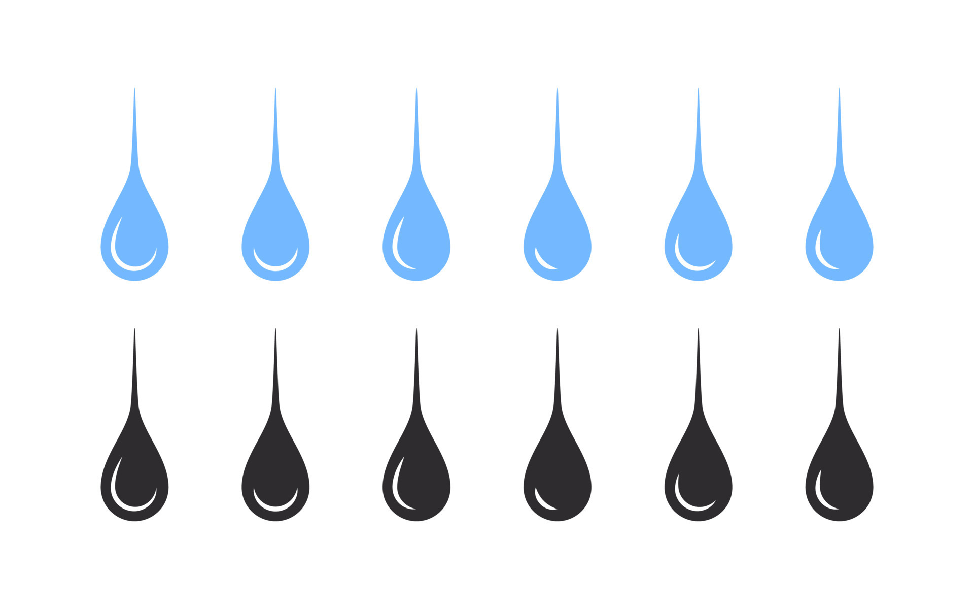 Long water drops. Water drop shape. Blue annd black water drops. Vector