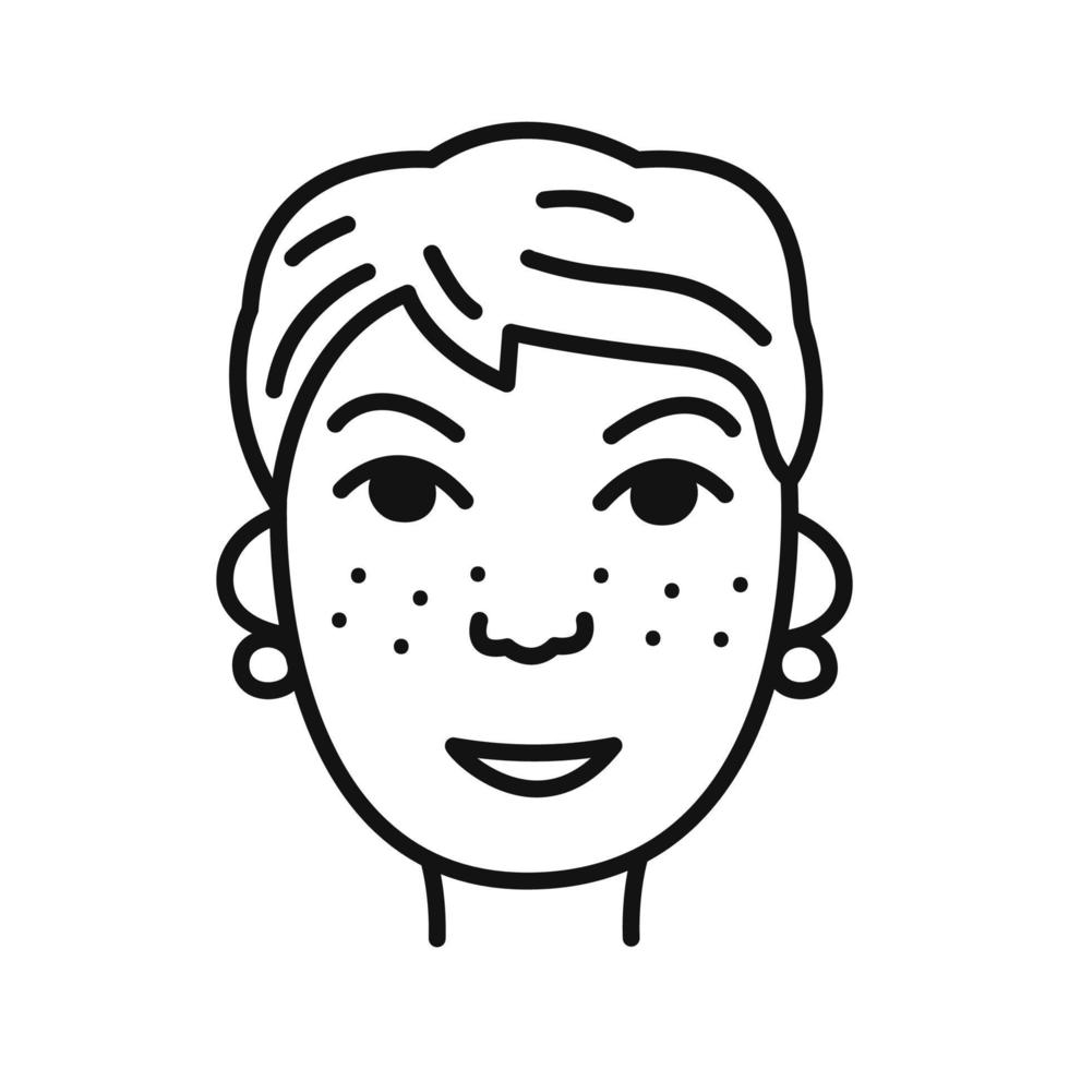 The face of a woman with a short haircut and freckles. Hand drawn portrait of person avatar in doodle style. Isolated vector illustration.