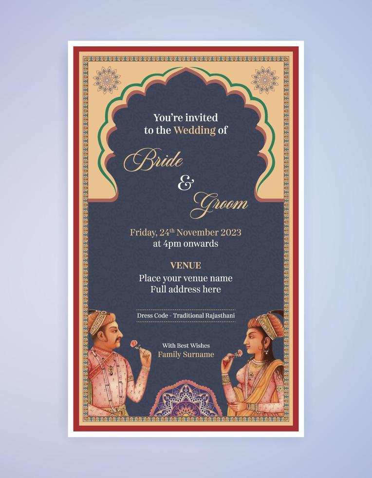 diseño de tarjeta de invitación de boda de arte mogol. diseño de tarjeta de invitación mogol india para imprimir. vector
