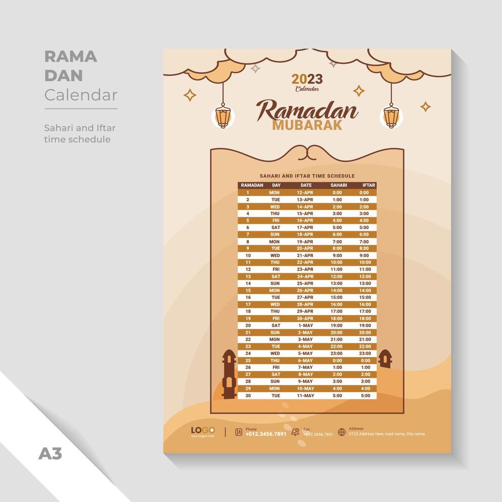 Sand color ramadan calendar template. unique design iftar time schedule