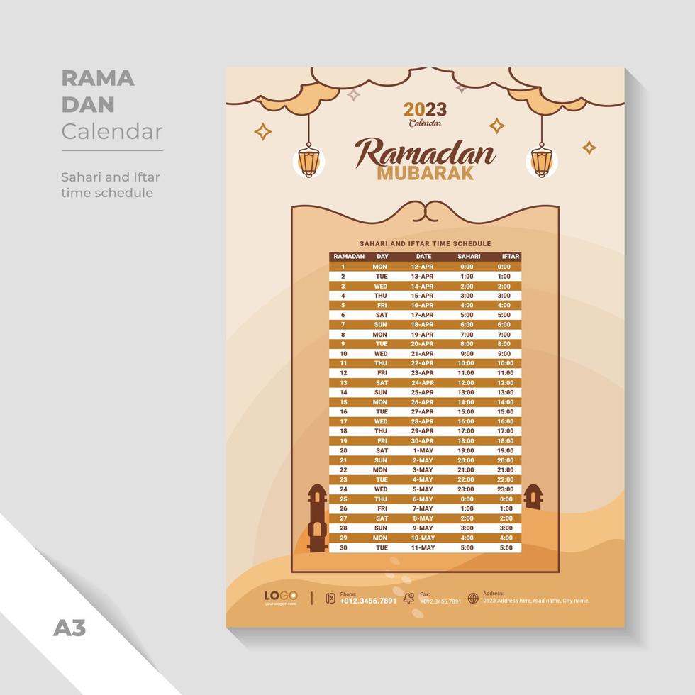 Sand color ramadan calendar template. unique design iftar time schedule template. vector