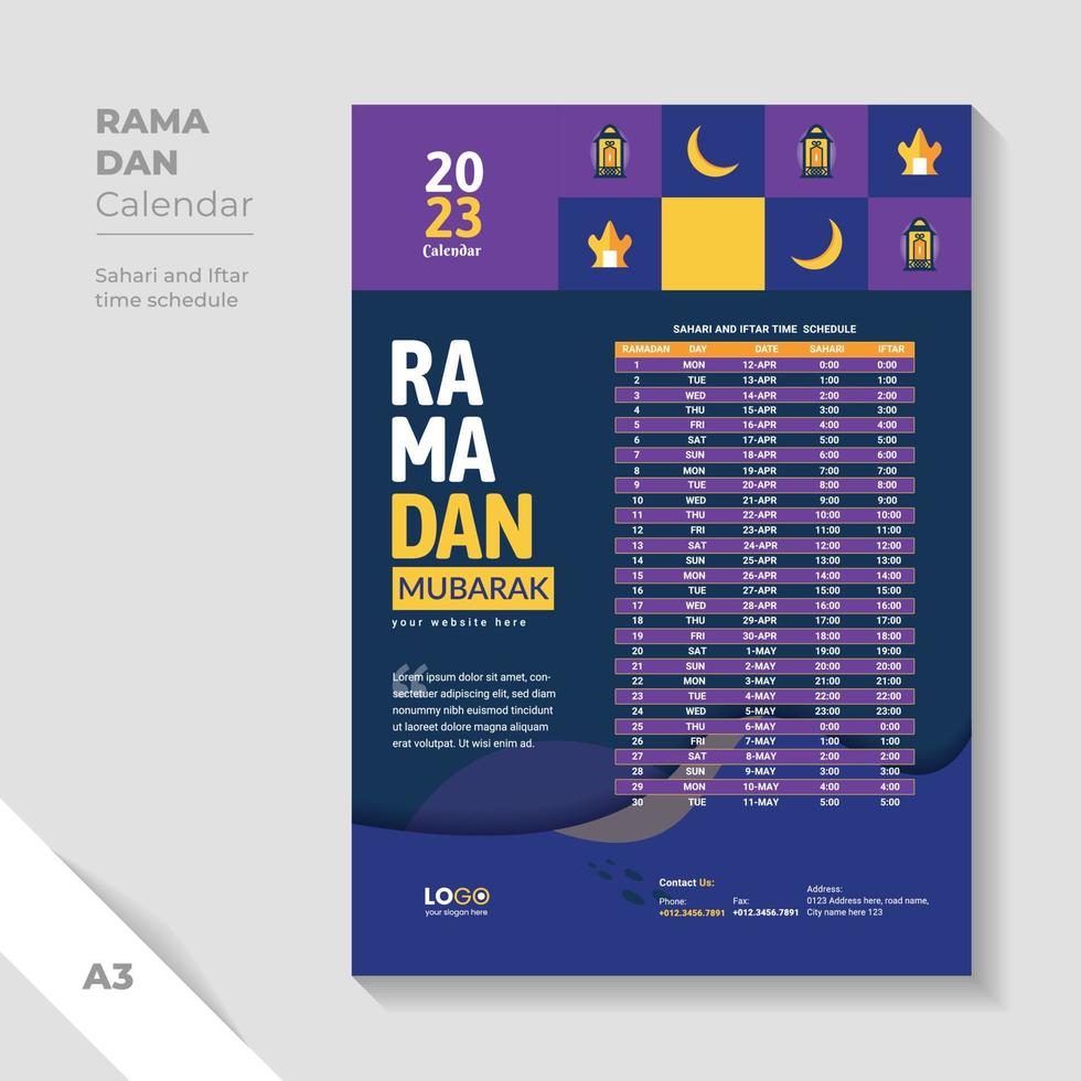 Creative Ramadan iftar schedule Calendar for 2023. Unique design background. vector