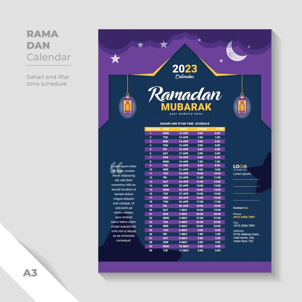 plantilla de diseño de calendario de ramadán de color azul. diseño de plantillas de programación iftar. vector