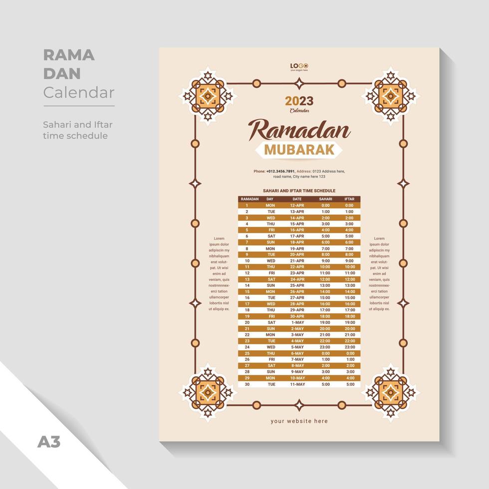 plantilla de diseño de calendario de ramadán de patrón islámico moderno para el horario de iftar. vector