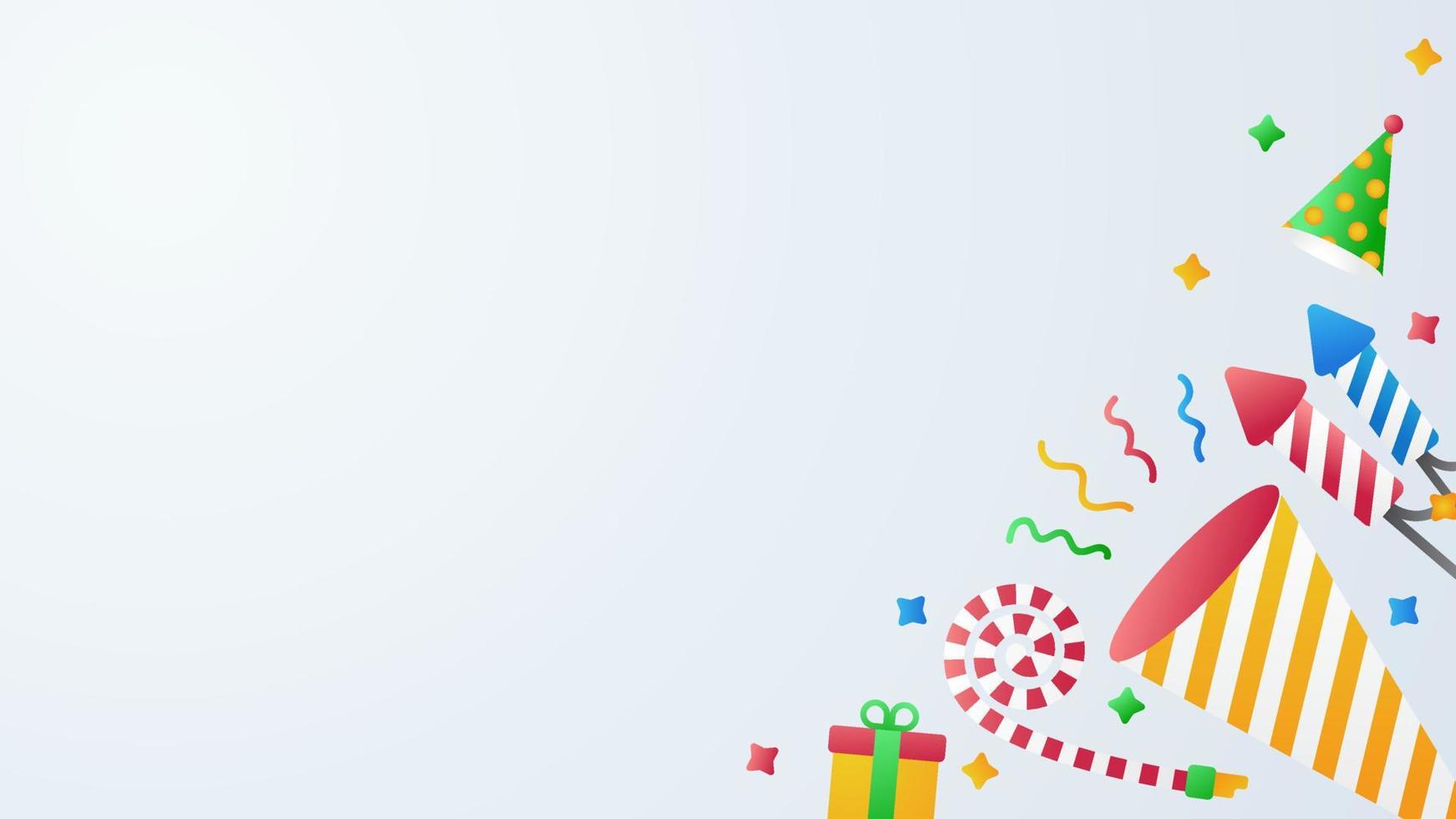 fondo azul gráfico vectorial de ilustración de fiesta, cajas de regalo, petardos y trompeta con área de espacio de copia, adecuado para usar en año nuevo, cumpleaños o cualquier otro evento de celebración vector