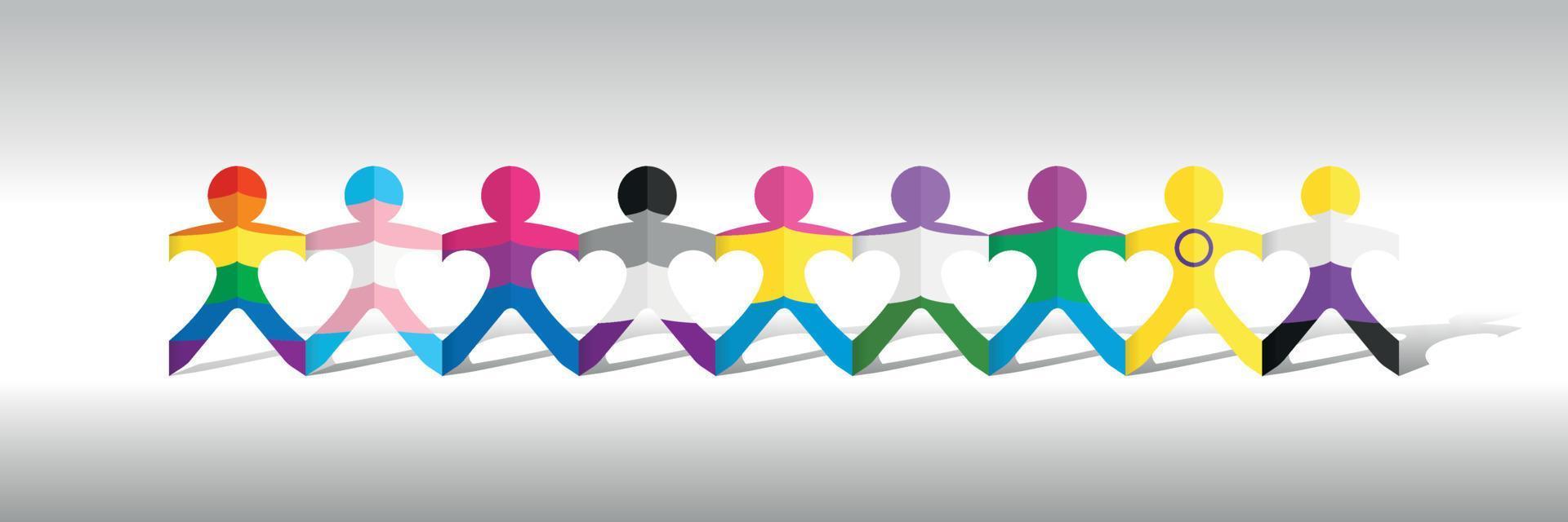 9 Pride flags inside a paper people chain on white background. Vector image