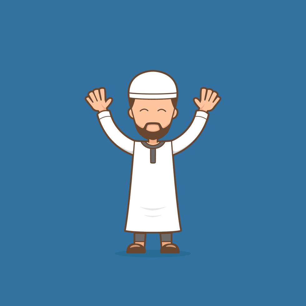 Muslim male man with welcoming pose cartoon character illustration for ramadhan vector