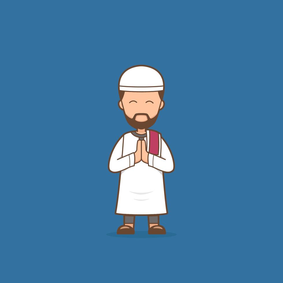 ilustración de personaje de dibujos animados de hombre musulmán religioso en pose de perdón y disculpa para el saludo de ramadán eid mubarak vector
