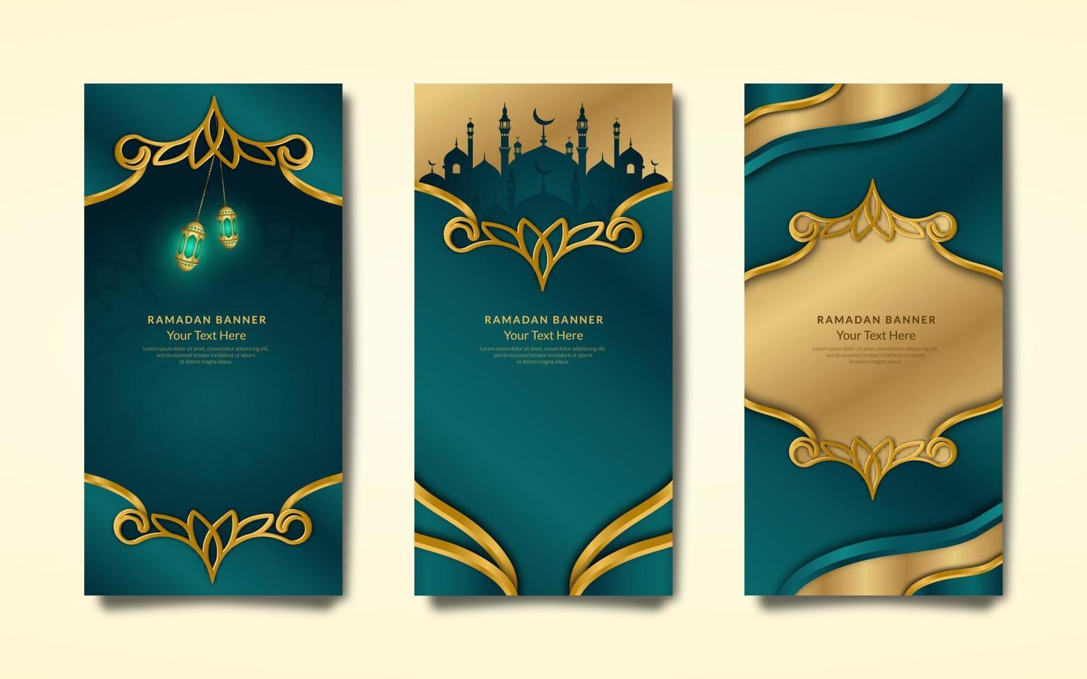 paquete de pancartas de ramadán con decoraciones islámicas verdes y doradas vector