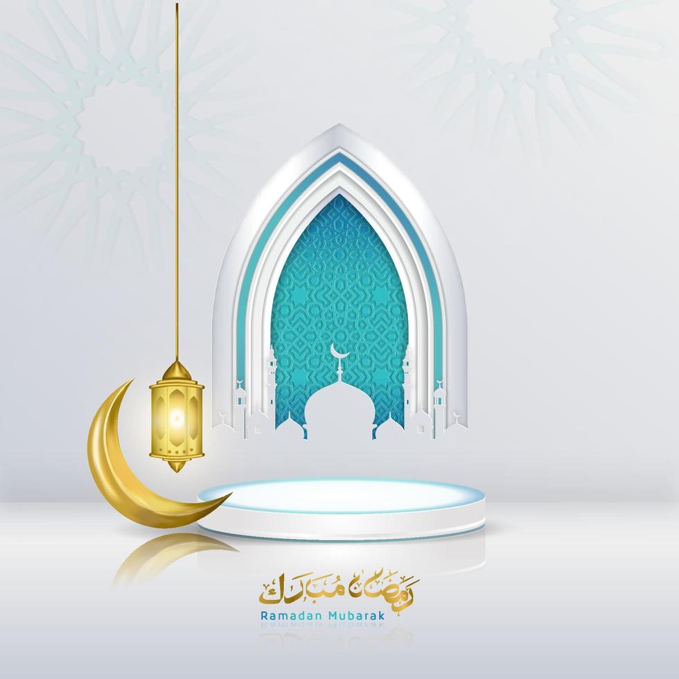 Vector greeting ramadan mubarak with podium and Islamic decoration in elegant style