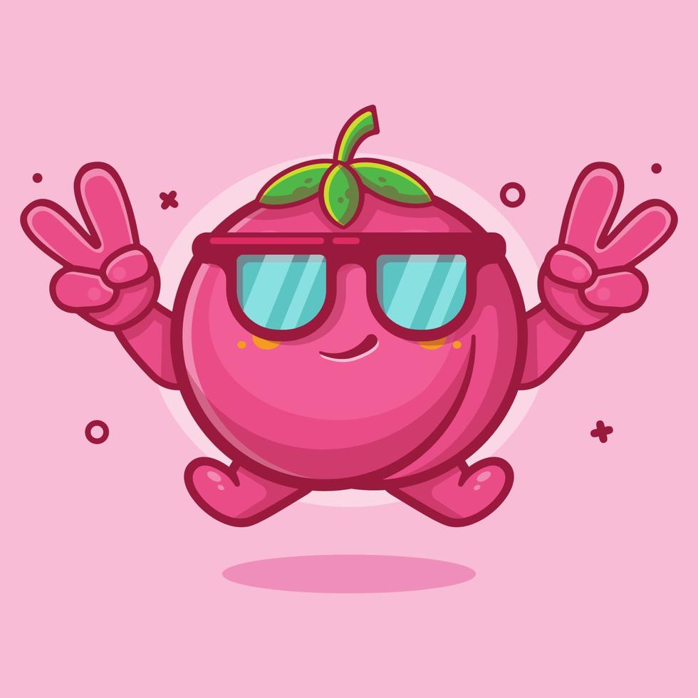 cool peach fruit character mascot with peace sign hand gesture isolated cartoon in flat style design vector