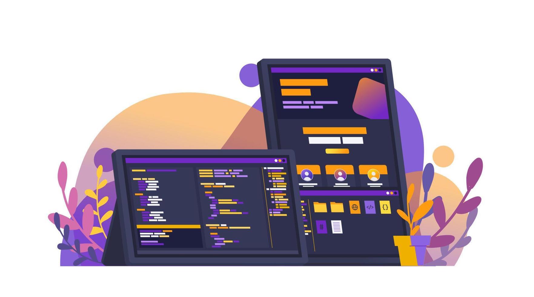 Web Development Front End Programming in Computer with Dual Monitor Coding Slicing Website Page Flat Vector Concept Illustration