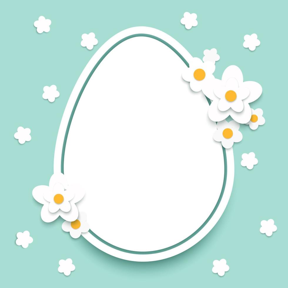 Paper cut Easter egg and white spring flowers on ligh green background. Cute greeting card design with place for text. Vector graphic illustration.