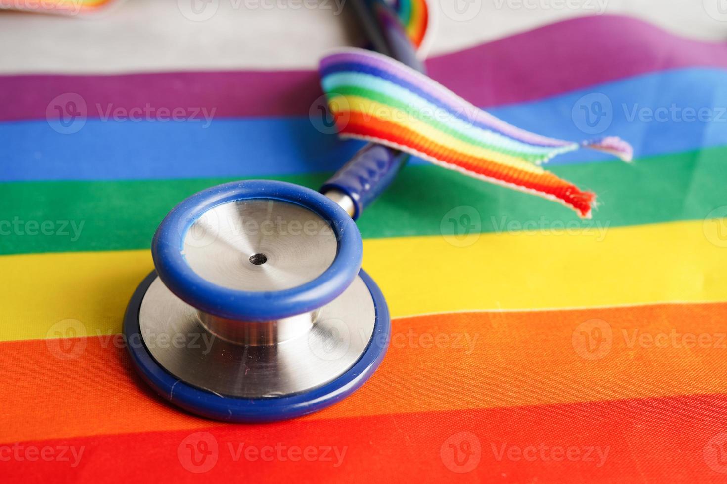 LGBT symbol, Stethoscope with rainbow ribbon, rights and gender equality, LGBT Pride Month in June. photo