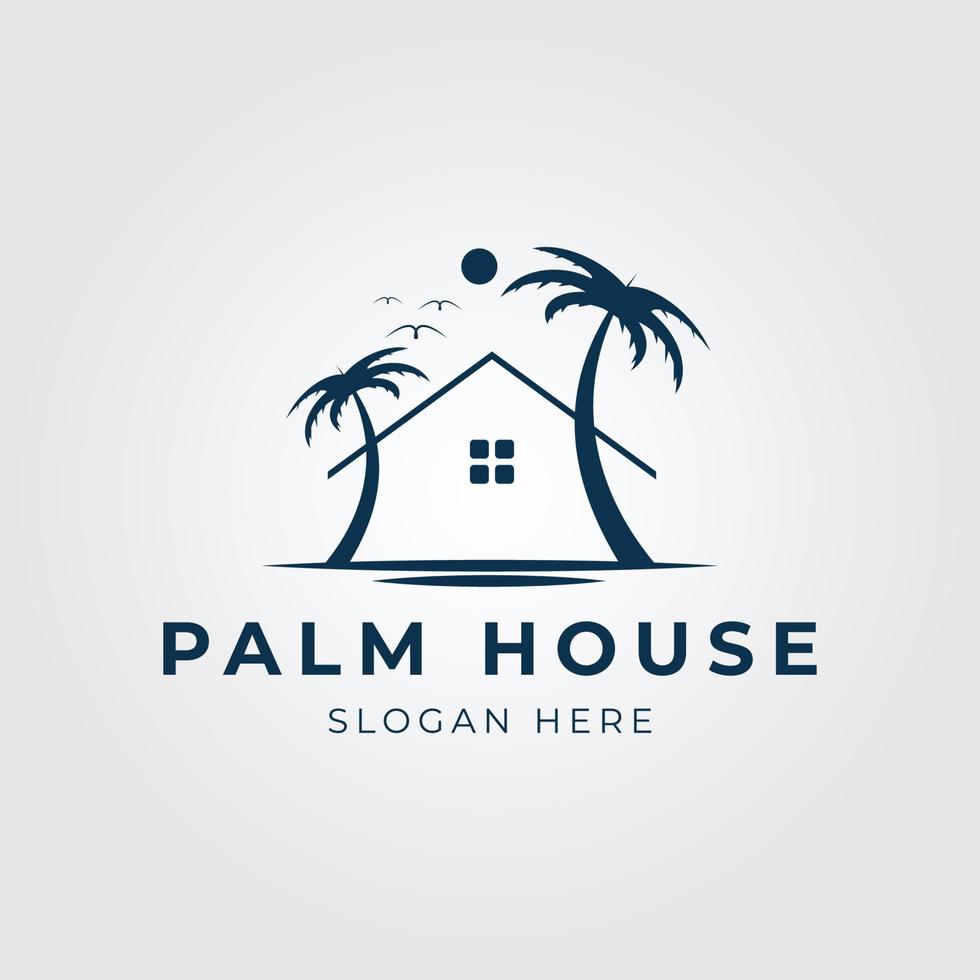 palm house line art logo tropical beach home vector illustration design