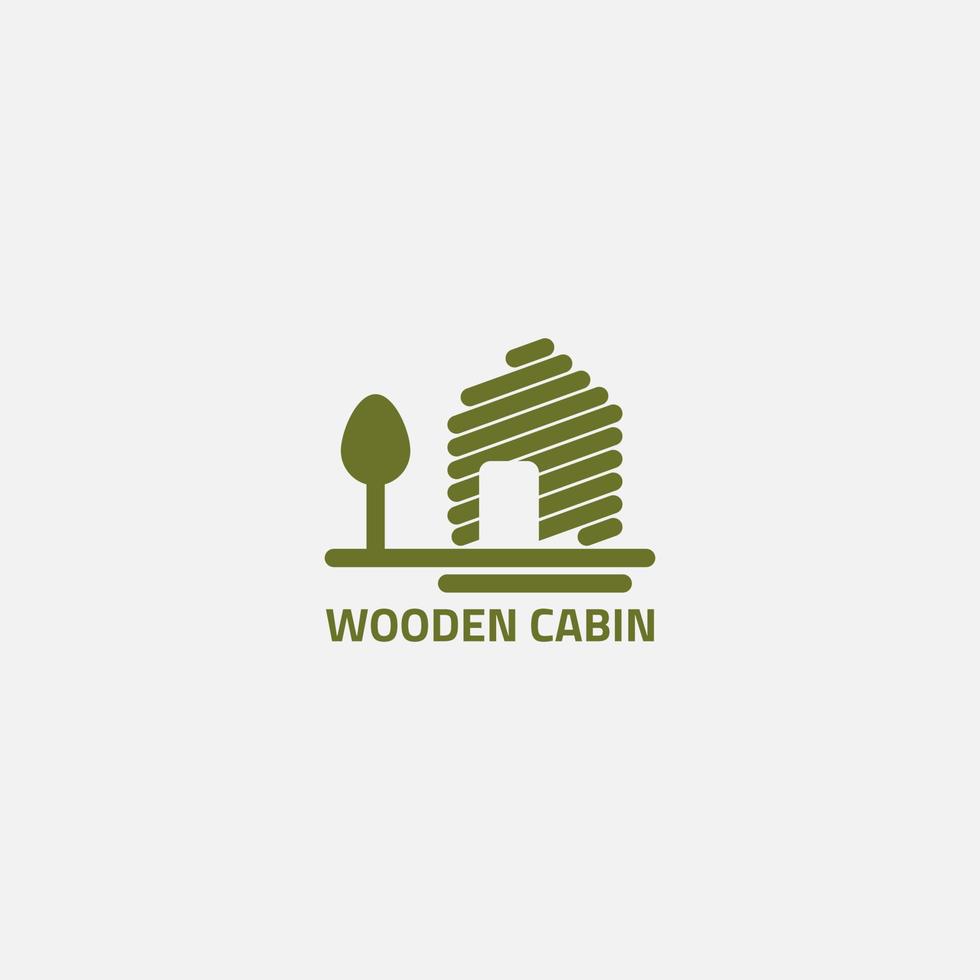 el logo de la cabaña está hecho de madera y el árbol al lado es verde. vector