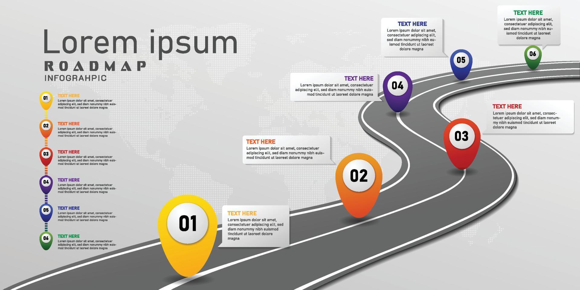 hoja de ruta y números de ilustración de vector infográfico pin con información de tema colorido, concepto de hito de objetivo de progreso de línea de tiempo