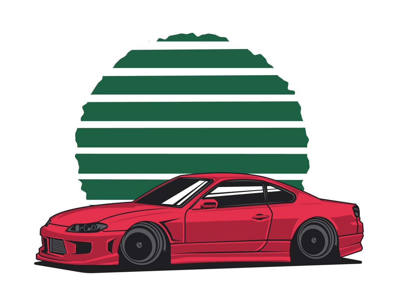 vector de diseño de coche rojo de los años 90 en tono rojo con ilustración de diseño gráfico de vector de fondo de sol rayado