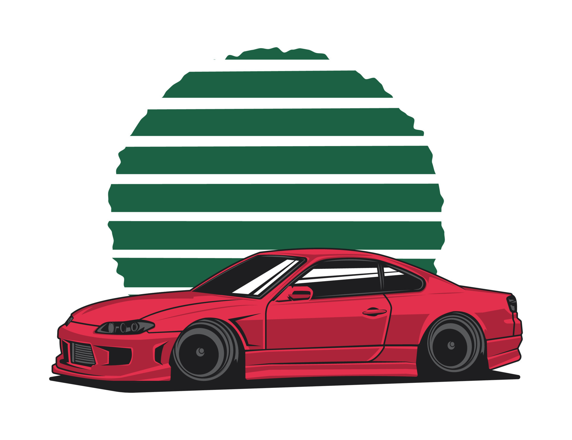 90s red car design vector in red tone with striped sun background