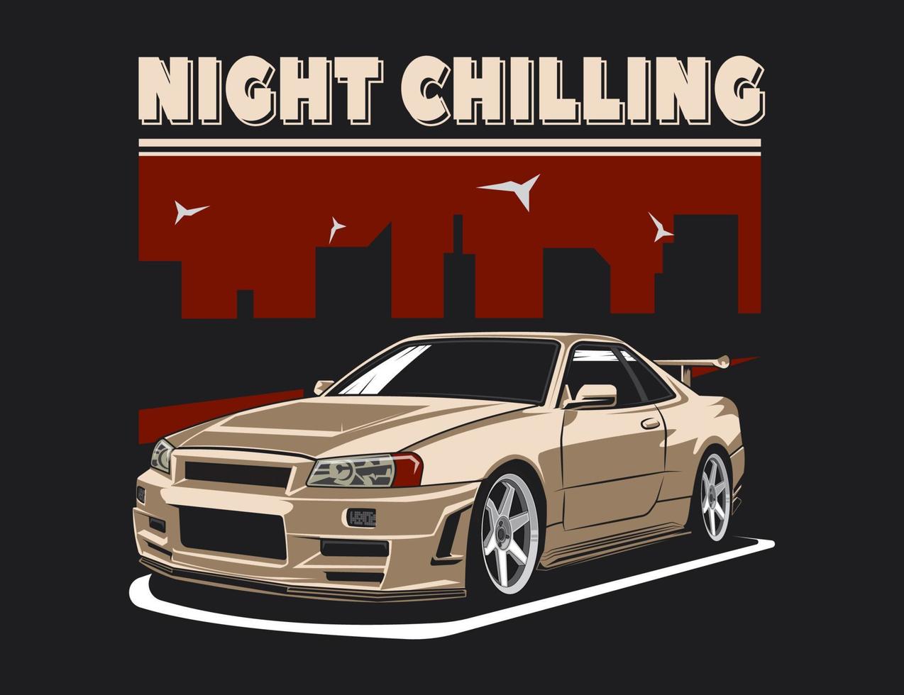 night chilling text with amazing vechicle illustration vector design graphic along with city scheme background