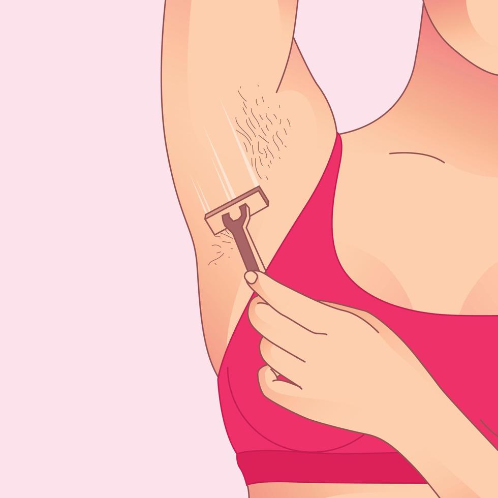 woman shaves hairy armpits. Female unshaved armpits, depilation, hair removal concept. vector