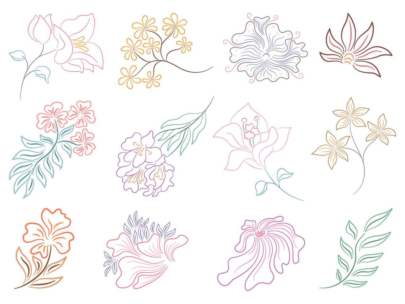 Flowers line arts collection designed in doodle style on a white background for spring theme decoration, wedding, card design, sticker, paper decoration, digital printing, bags patterns and more vector
