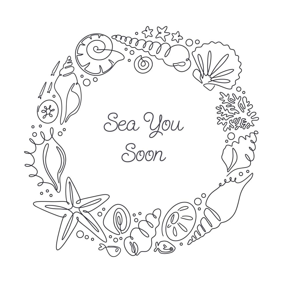 Monochrome seashells wreath, one line with endless infinite contour doodle drawing. Frame of abstract shapes of ocean shells vector