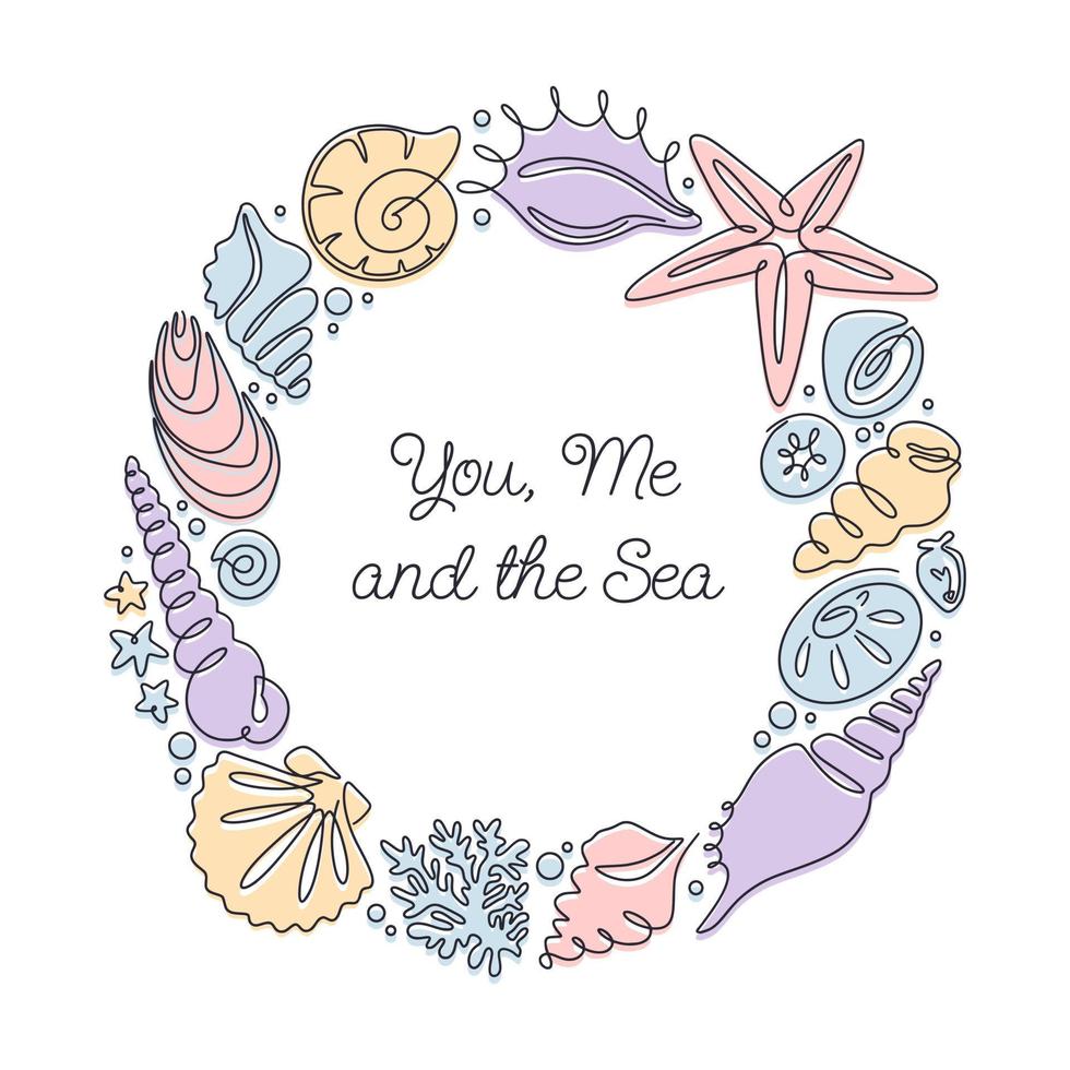 Monochrome seashells wreath, one line with endless infinite contour doodle drawing. Frame of abstract shapes of ocean shells vector