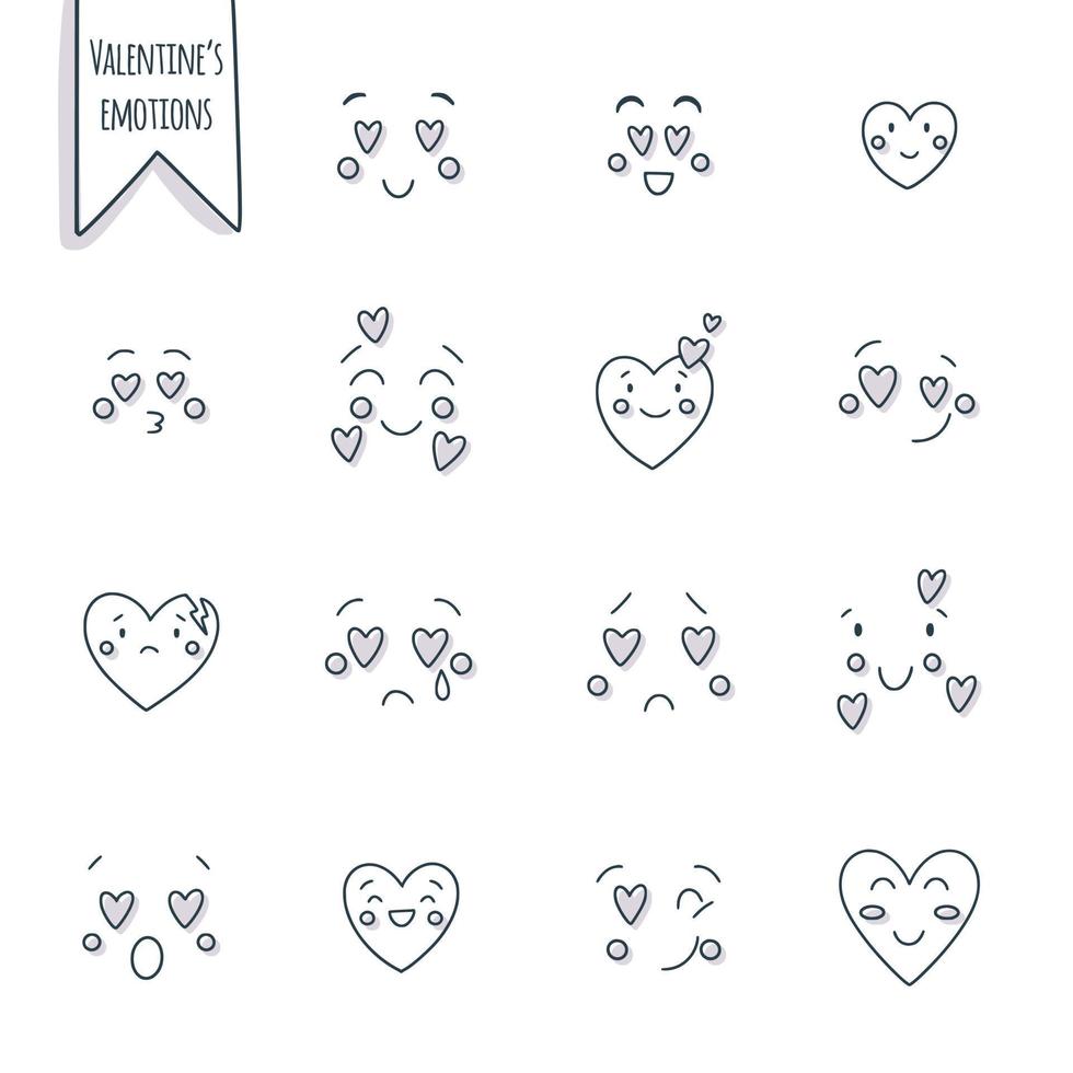 Set of cute Valentine\'s Day emotion elements, smiles, emoji, cute ...