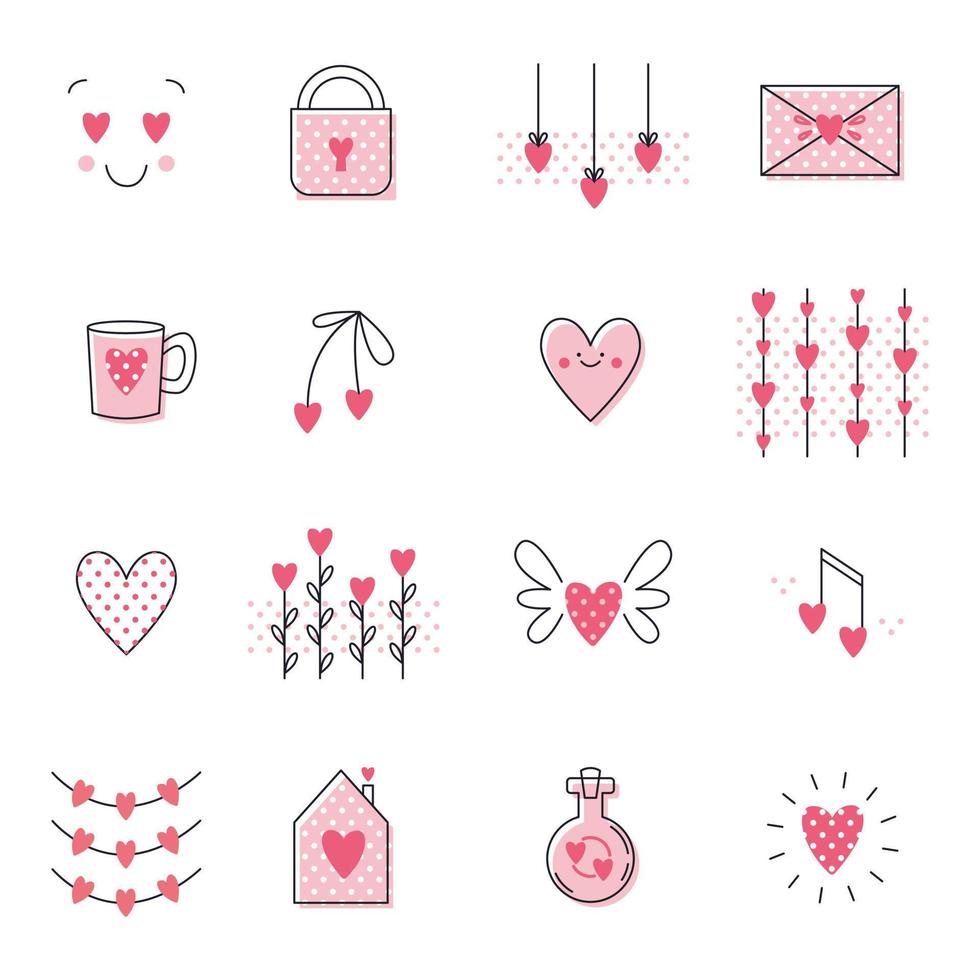 Set of cute Valentine's Day line icons and elements, cute abstract style for minimalist cards, spot illustrations vector
