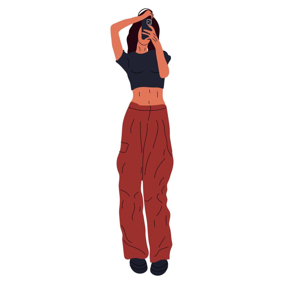 hermosa mujer joven en un estilo de ropa de moda 90s 2000s en pleno crecimiento posando se quita en un teléfono inteligente. boceto dibujado a mano. ilustración vectorial vector