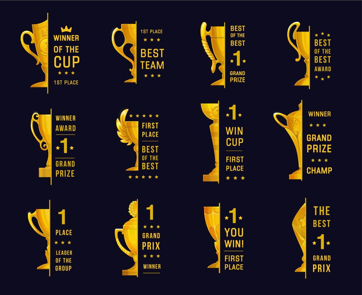 Winner and first place labels with trophy gold cup vector