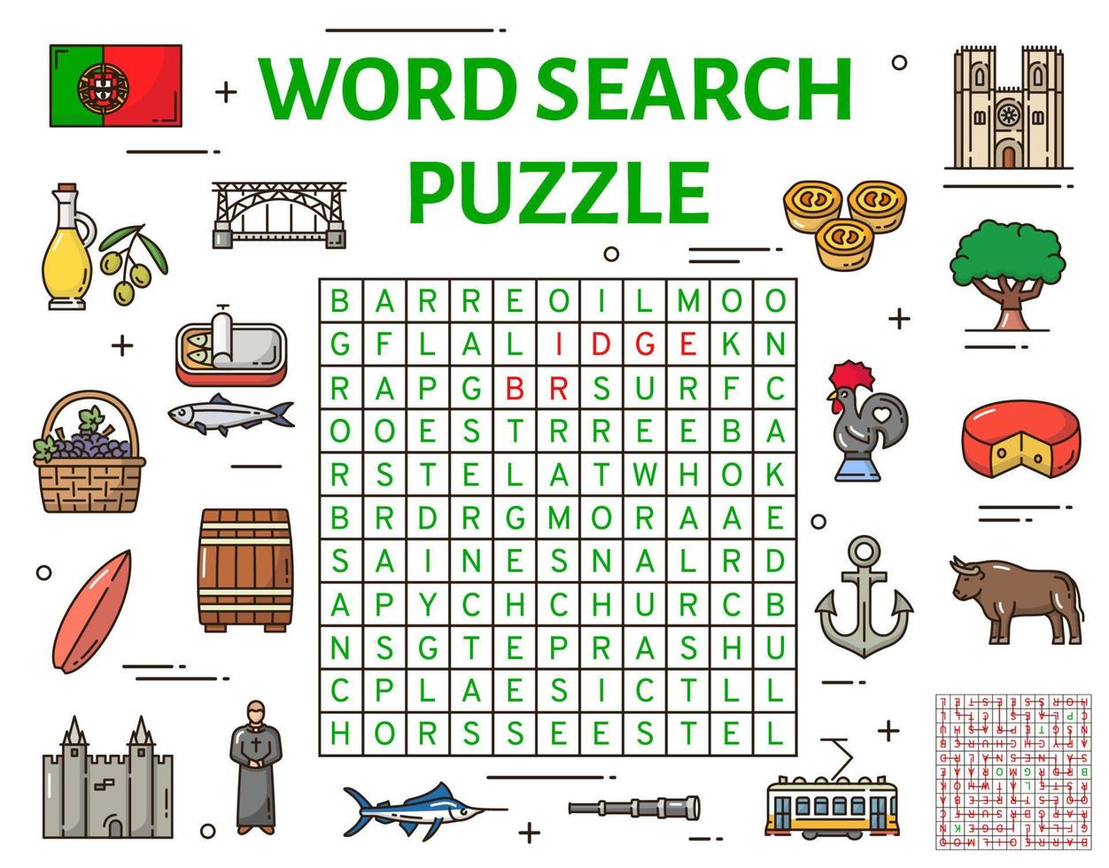 Portugal symbols word search puzzle game worksheet vector