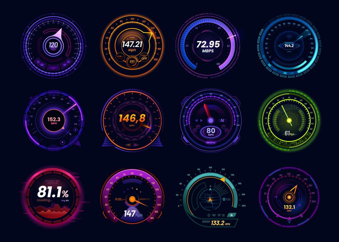 Car speedometer gauge, speed test dials 19482299 Vector Art at