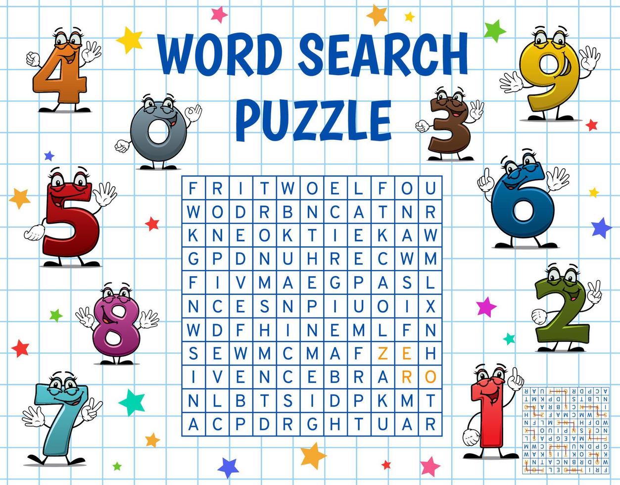 Cartoon school numbers and digits wordsearch game vector